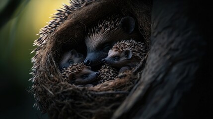 Obraz premium Hedgehog babies nestled in a nest, forest background, warm light