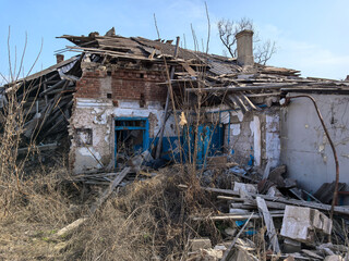 destroyed and burned houses in the city in Ukraine