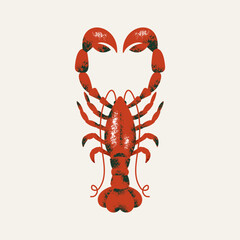 Lobster illustration with heart shaped claws. Cute retro styled illustration. Vector illustration