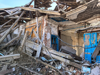 destroyed and burned houses in the city in Ukraine