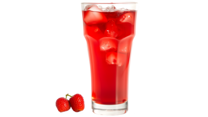 A tall glass filled with vibrant red liquid and ice cubes, accompanied by a couple of fresh strawberries.