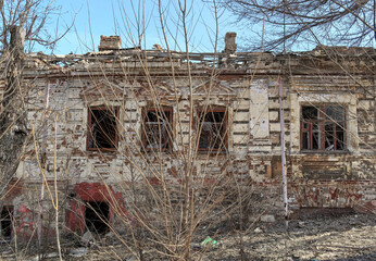 destroyed and burned houses in the city in Ukraine