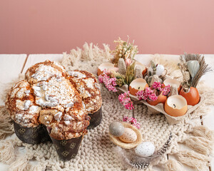 Colomba - Italian traditional Easter bread is topped with pearl sugar and almonds in the shape of a dove. Festive pastries are traditional in Italy.