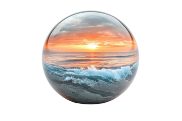 A stunning globe reflecting an ocean sunset, showcasing vibrant colors and waves, perfect for nature-themed projects.