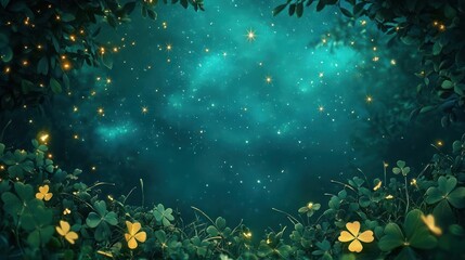 A magical forest scene with clover leaves and twinkling stars