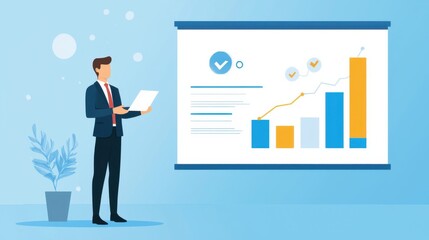 Fototapeta premium Businessman Presenting Graphs with Growth Metrics in Modern Office