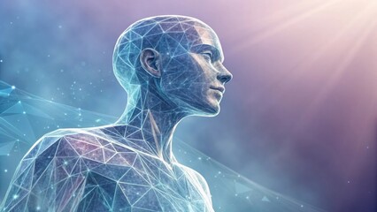 A futuristic digital representation of a human figure, showcasing a network of lines and nodes against a glowing background.