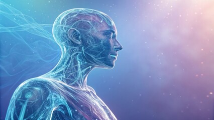A digital representation of a human figure, showcasing a translucent, futuristic design with vibrant colors and glowing elements.