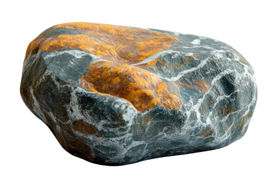 A unique rock displaying beautiful patterns of orange and gray, ideal for showcasing natural textures, perfect for environmental projects.