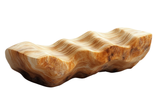 A uniquely shaped piece of natural wood with wavy design, showcasing the beauty of organic materials on a white isolated background.