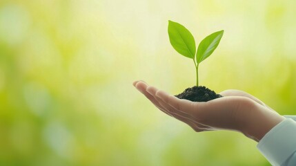 Young Green Plant Growing in Hand with Soft Blurred Background