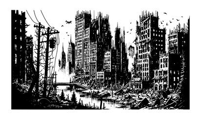 Obraz premium post-apocalyptic ruined city with skyscrapers black dramatic vector