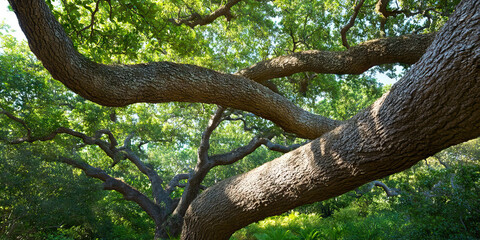 Low-Angle View of Mature Oak Tree Branches and Canopy