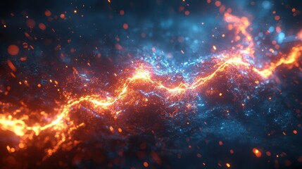 Naklejka premium Abstract energy clash, fiery blue, dark background, digital art, website header