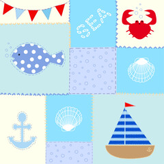 Fototapeta premium Fondo de retazos de tela con dibujos de mar