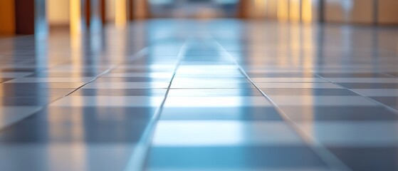 Fototapeta premium Sunlight softly illuminates a checkered hallway floor, creating a warm and calming ambiance in an otherwise empty corridor.