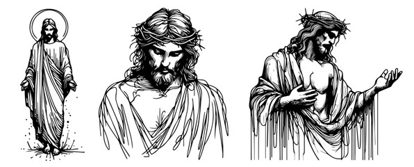 jesus christ portraits in various poses black sacred sketch