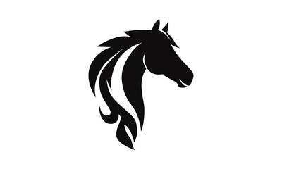 Horse logo template. Black and white silhouette of a horse head with a graceful mane. Elegant minimalist logo for branding, design and printing