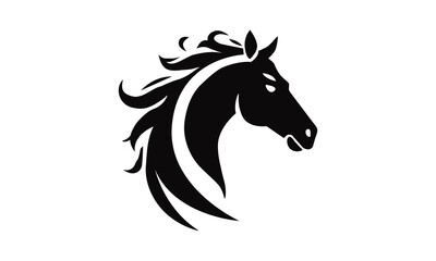 Horse logo template. Black and white silhouette of a horse head with a graceful mane. Elegant minimalist logo for branding, design and printing