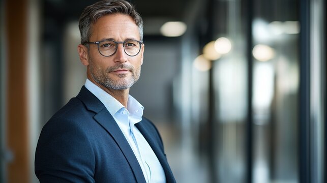Focused businessman in formal attire, exuding confidence and professionalism in a modern office setting.
