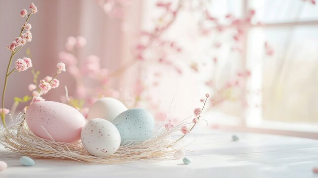 A minimalistic Easter-themed product photography setup. A white table seamlessly blends with a pastel-toned background. The background features a soft ideal for product presentation.