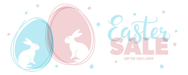 Easter Sale. Commercial banner with hand lettering, color Easter eggs and Easter bunny for Easter Day sales promotion. Vector illustration.