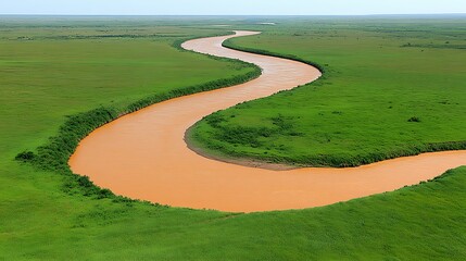 A meandering river flows through vibrant green grasslands under a blue sky