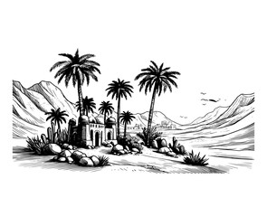 desert oasis with palm trees and mountains black vector sketch