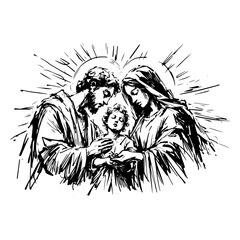 holy family with halos black ink religious illustration © Mago