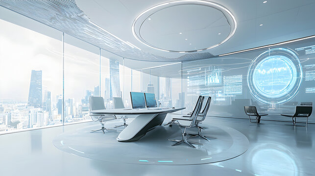 Innovative business meeting space design modern office interior architecture urban cityscape futuristic viewpoint