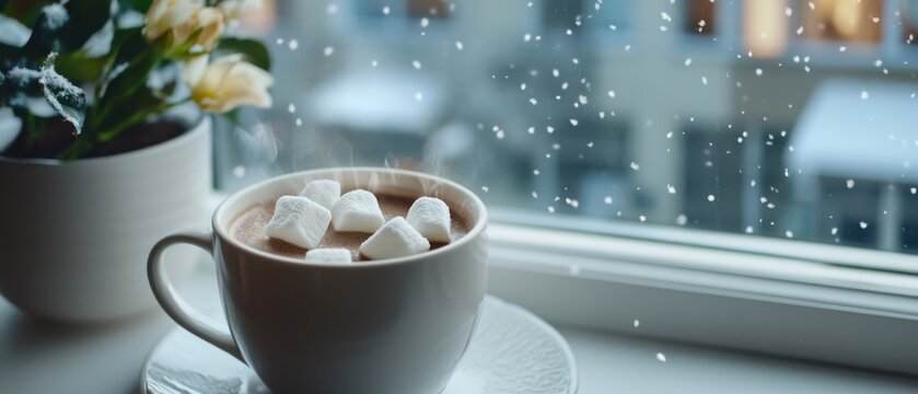 A steaming cup of hot chocolate topped with marshmallows, sitting by a frosted window on a snowy day, evokes warmth and coziness.