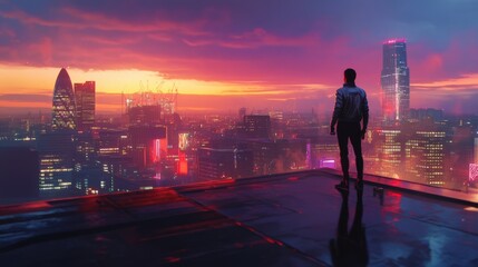 A person standing on a rooftop, watching the sunset over a vibrant city skyline at dusk.