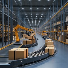 High-tech warehouse environment featuring automated conveyor belts and advanced logistics technology