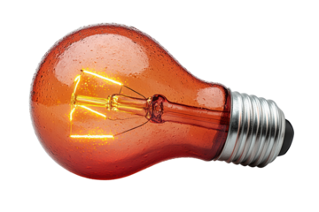 A vibrant orange light bulb with a glowing filament, set against a white background. Perfect for concepts related to innovation and illumination.
