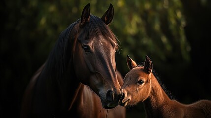 Obraz premium Mother Horse and Foal in Sunlight, Forest Background