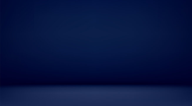Blue navy studio room. Limbo dark background. Abstract 3d backdrop for product presentation. Minimal wall scene. Showcase, promotion display. Vector stage mockup illustration