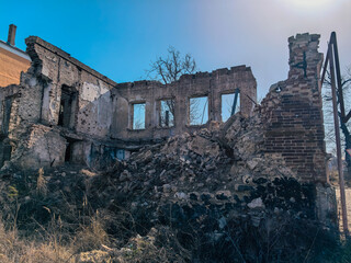 destroyed and burned houses in the city in Ukraine