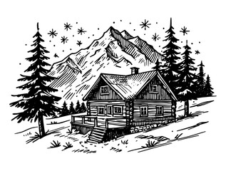 cozy mountain cabin at night vector black shape silhouette © Mago