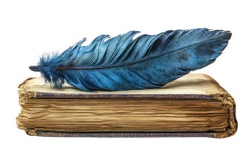 A vintage book with a blue feather laying on top, isolated on a white background, symbolizing creativity and inspiration.