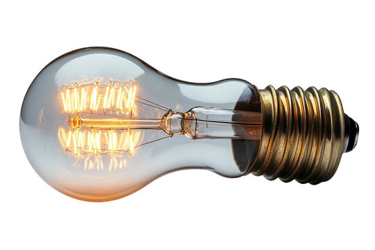 A vintage filament light bulb with a glowing warm light, isolated on a white background.