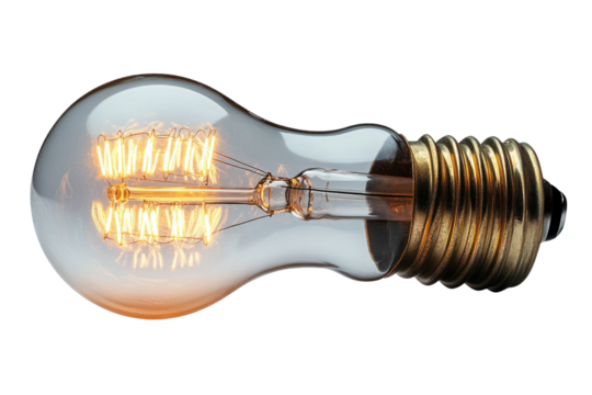 A vintage filament light bulb with a glowing warm light, isolated on a white background.