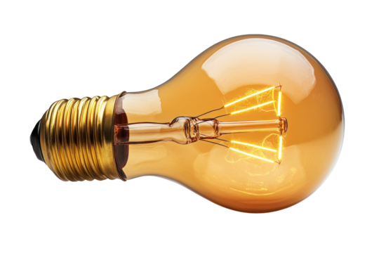 A vintage light bulb with a warm glow isolated on a white background.