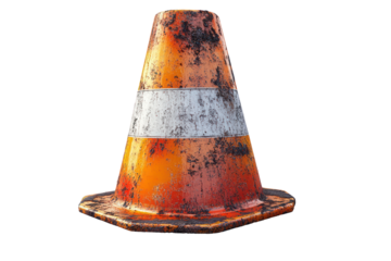 A weathered traffic cone with a white stripe against a transparent background.