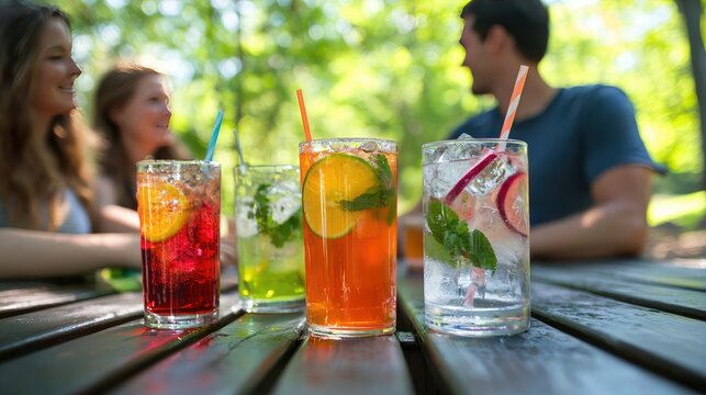 A family enjoying cold summer drinks at a picnic table outdoors