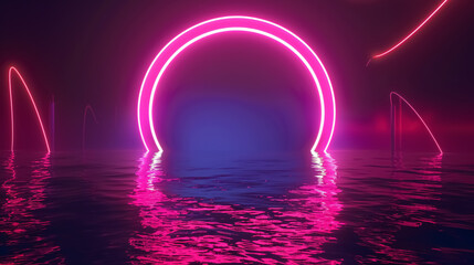 Modern futuristic neon abstract background. Large object in the center with a space background. Dark scene with neon light and reflection of light on a wet surface.