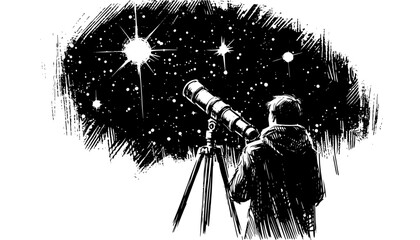 astronomer watching stars with telescope black ink sketch © Mago
