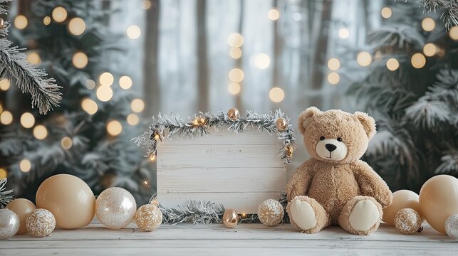 A white wooden board like a coastal house decor with garland and balloons, wintery elements around the edge of the frame, forest bokeh background