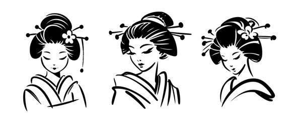three geisha portraits black vector illustration