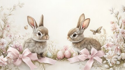 Obraz premium Two rabbits and two pink bows surrounded by flowers on a traditional easter card design with pastel colors