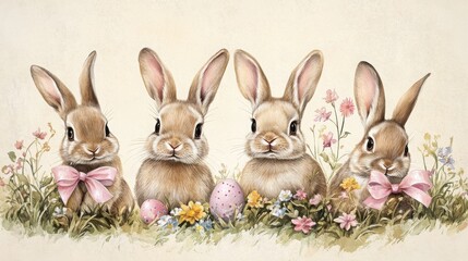 Fototapeta premium Four rabbits sitting in green grass surrounded by colorful flowers for a traditional easter card design